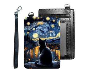 Tudguiloae Credit Holder Slim Wallet, PU Leather RFID Blocking, Women & Men Front Pocket Small Card Holder, Credit Card Wallet with Wristlet, Convenient Travel Business-6, Starry Night Black Cat