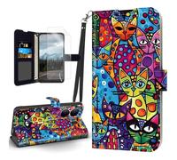 Tudguiloae for Blu View 5 Flip Cover PU Leather Case, for View 5 Magnetic Clasp Cell Phone Wallet with Wristband Card Holder, Kickstand Shockproof Cover Slot Soft Film Cat Neon Light