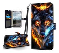 Tudguiloae for Blu View 5 Flip Cover PU Leather Case, for View 5 Magnetic Clasp Cell Phone Wallet with Wristband Card Holder, Kickstand Shockproof Cover Slot Soft Film Flame Wolf
