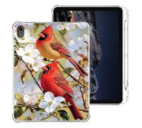 Tudguiloae for iPad Air 11 2024 Case with Pencil Holder, Lightweight TPU Transparent Clear Shockproof Skin Bumper, White Flower Red Bird Tablet Back Cover, Perfectly Protection for iPad Air 11