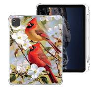 Tudguiloae for iPad Air 13 2024 Case with Pencil Holder, Lightweight TPU Transparent Clear Shockproof Skin Bumper, White Flower Red Bird Tablet Back Cover, Perfectly Protection for iPad Air 13
