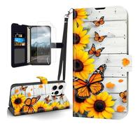 Tudguiloae for iPhone 15 Pro Case, Flip PU Leather Shockproof Phone Case for iPhone 15 Pro, Magnetic Clasp Phone Wallet with Card Holder Screen Protector, Sunflowers Monarch Dance
