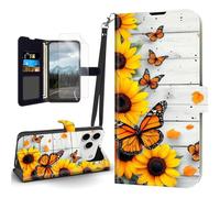 Tudguiloae for iPhone 17 Pro Case, Flip PU Leather Shockproof Phone Case for iPhone 17 Pro, Magnetic Clasp Phone Wallet with Card Holder Screen Protector, Sunflowers Monarch Dance