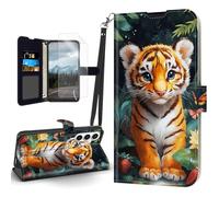 Tudguiloae for Samsung Galaxy S25 Case, Flip PU Leather Shockproof Phone Case for Samsung Galaxy S25, Phone Wallet with Magnetic Clasp Card Holder,Screen Protector, Forest Tiger Cub