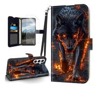 Tudguiloae for Samsung Galaxy S25 FE Case, Flip PU Leather Shockproof Flames Lone Wolf Phone Case for Samsung Galaxy S25 FE, Magnetic Clasp Phone Wallet with Card Holder Screen Protector