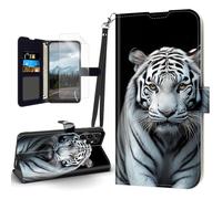 Tudguiloae for Samsung Galaxy S25 Ultra Case, Flip PU Leather Shockproof Phone Case for Galaxy S25 Ultra, Phone Wallet with Magnetic Clasp Card Holder,Screen Protector, White Tiger Stare