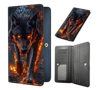 Tudguiloae Long Women Wallet, Ultra Slim Wallet for Women, RFID Blocking PU Leather Credit Card Holder,Business Travel Wallet-6, Flames Lone Wolf, 7.7 x 3.5 inch, Modern