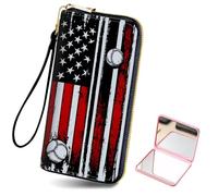 Tudguiloae Women's Card Holder Wristlet Wallet, Convenient Travel Long Wallet with Strap and Pink Compact Mirror, Fashion and Sturdy Wristlet Long Purse for Women-10, American Flag Illustration