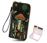 Tudguiloae Women's Card Holder Wristlet Wallet, Convenient Travel Long Wallet with Strap and Pink Compact Mirror, Fashion and Sturdy Wristlet Long Purse for Women-7, Mushrooms Illustration, Modern