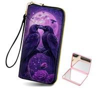Tudguiloae Women's Card Holder Wristlet Wallet, Convenient Travel Long Wallet with Strap and Pink Compact Mirror, Fashion and Sturdy Wristlet Long Purse for Women-8, Purple Ravens, Modern