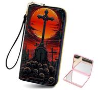 Tudguiloae Women's Card Holder Wristlet Wallet, Convenient Travel Long Wallet with Strap and Pink Compact Mirror, Fashion and Sturdy Wristlet Long Purse for Women-8, Large Cross Grave Skulls, Modern