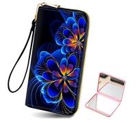 Tudguiloae Women's Card Holder Wristlet Wallet, Convenient Travel Long Wallet with Strap and Pink Compact Mirror, Fashion and Sturdy Wristlet Long Purse for Women-7, Blue Flowers Illustration, Modern