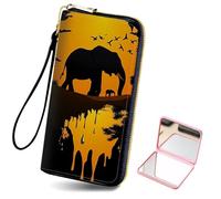 Tudguiloae Women's Card Holder Wristlet Wallet, Convenient Travel Long Wallet with Strap and Pink Compact Mirror, Fashion and Sturdy Wristlet Long Purse for Women-11, Elephant Illustration, Modern