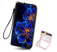 Tudguiloae Women's Card Holder Wristlet Wallet, Convenient Travel Long Wallet with Strap and Pink Compact Mirror, Fashion and Sturdy Wristlet Long Purse for Women-5, Blue Flowers Illustration, Modern