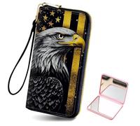 Tudguiloae Women's Card Holder Wristlet Wallet, Convenient Travel Long Wallet with Strap and Pink Compact Mirror, Fashion and Sturdy Wristlet Long Purse for Women-10, Golden Flag Eagle, Modern