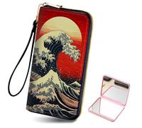 Tudguiloae Women's Card Holder Wristlet Wallet, Convenient Travel Long Wallet with Strap and Pink Compact Mirror, Fashion and Sturdy Wristlet Long Purse for Women-9, Sea Vector Illustration, Modern