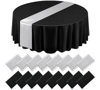 Tudomro 16 Pcs Black and Silver Round Plastic Tablecloth and Satin Table Runner Set 84 Inch Round Covers 12 x 108 Inch Table Runners for Christmas Wedding Birthday Party Baby Shower