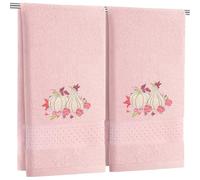 Tudomro 2 Pack Fall Hand Towels 100% Cotton Embroidered Pink Pumpkin Floral Design Premium Absorbent Bathroom Kitchen Dish Towels 13.4x29.1 Inches for Drying Cleaning Holiday Decor