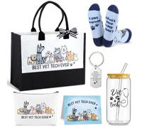 Tudomro 6 Pcs Vet Tech Gifts Set for Women Includes Tote Bag Makeup Bag Glass Cup Socks Keychain Card Best Vet Tech Ever Veterinarian Appreciation Gifts for Veterinary Nurse Assistant Animal Lover