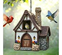 Tudor Cottage Bird House, Rustic Half-Timbered Resin Hanging Birdhouse, Weatherproof Stone Chimney Bird Nest Box, Outdoor Garden Yard Art Ornament for Tree Fence, Ideal for Small Wild Birds