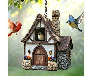 Tudor Cottage Bird House, Rustic Half-Timbered Resin Hanging Birdhouse, Weatherproof Stone Chimney Bird Nest Box, Outdoor Garden Yard Art Ornament for Tree Fence, Ideal for Small Wild Birds