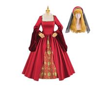 Tudor Queen Anne Boleyn Costume Dress Renaissance Elizabethan Tudor Costume Women Ball Gown with Headpiece (Red, XXL)