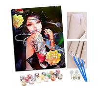 TUDOUTU Paint by Numbers Kits for Adults Beautiful Tattoo Girl and Flowers Oil Paint Digital Drawing Canvas with Brushes Christmas Decorations Gifts -16 * 20 Inch with Frame