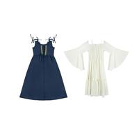 TUDUZ European and American Square Collar Bundle Waist Medieval Retro Dress Girls Dress with Ruffles (Blue, 7-8 Years)
