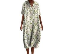 TUDUZ Women Summer Beach Dress Vintage Floral Print Cotton Linen Dress Oversize Loose A Line Tunic Dresses Short Sleeve V Neck Casual Midi Dresses Daily Holiday Vacation Sundress(B White,XXL)