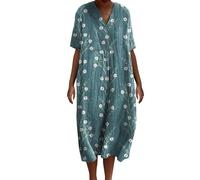 TUDUZ Women Summer Beach Dress Vintage Floral Print Cotton Linen Dress Oversize Loose A Line Tunic Dresses Short Sleeve V Neck Casual Midi Dresses Daily Holiday Vacation Sundress(A Blue,M)