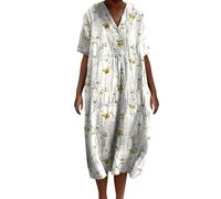 TUDUZ Women Summer Beach Dress Vintage Floral Print Cotton Linen Dress Oversize Loose A Line Tunic Dresses Short Sleeve V Neck Casual Midi Dresses Daily Holiday Vacation Sundress(C White,L)