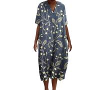 TUDUZ Women Summer Beach Dress Vintage Floral Print Cotton Linen Dress Oversize Loose A Line Tunic Dresses Short Sleeve V Neck Casual Midi Dresses Daily Holiday Vacation Sundress(C Navy,XL)