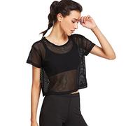 TUDUZ Women T Shirt Short Sleeve Black Mesh Cover Up Sports Meshed Crop Top Dancing Fitness Shirt Tops Blouse (Black ,XL)