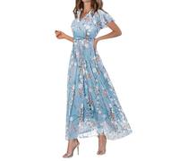 TUDUZ Women's Casual Dress Summer V Neck Short Sleeves Midi Dresses Elegant Ruffle Sleeve Floral Print Beach Dress High Waist Swing Dresses Tiered Ruffle Flowy Sundress(BU1,M)