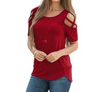 TUDUZ Womens T-Shirt Shop Women Summer Short Sleeve Strappy Cold Shoulder T-Shirt Tops Criss Cross Front Blouses(Wine Red,L2)
