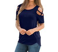TUDUZ Womens T-Shirt Shop Women Summer Short Sleeve Strappy Cold Shoulder T-Shirt Tops Criss Cross Front Blouses(Navy ,XL)