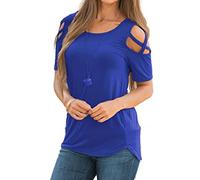 TUDUZ Womens T-Shirt Shop Women Summer Short Sleeve Strappy Cold Shoulder T-Shirt Tops Criss Cross Front Blouses(Blue ,L)