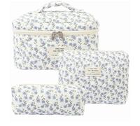 Tuechilles Flower-Shaped Makeup Bags, Quilted Makeup Bags, Pen Cases For Women And Students, Cotton Makeup Bag Sets, Travel And Outdoor 3Pcs, Blue peacock flower