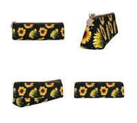 Tuehbsvo Sunflower Flowers Plants Black and Yellow Leather Pencil Case with Zip for Men, Women, Girls, Boys Professionals Perfect Size Pouch for Stationery & Art Utensils