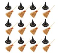 Tuelaly 12 Pcs Set Mini Witch Hat with Mini Broom Miniature Straw Brooms Plastic Witch Hat Set for Halloween Party Decoration