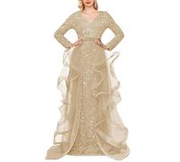 Tüll-Abschlussballkleid mit Langen Ärmeln, Ballkleider, bodenlange Abendkleider für Hochzeitsgäste YIAX142 Champagne UK32