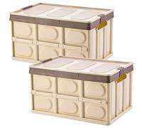 Tuevob 2 Pack Collapsible Storage Boxes Crates 30L Lidded Storage Bins Plastic Tote Storage Box Container Stackable Folding Utility Crate for Clothes, Toy, Books,Snack, Shoe Grocery Storage Bin-Khaki