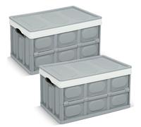 Tuevob 2 Pack Collapsible Storage Boxes with Lids 30L - Plastic Stackable Bins, Folding Utility Crates for Clothes, Books, Snacks, Shoes, Grocery Organization - Grey