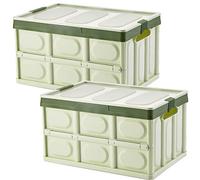 Tuevob Collapsible Storage Bins 2 Pack 30L - Lidded Plastic Tote Container with Stackable Folding Utility Crate for Clothes, Toys, Books, Snacks, Shoes, Grocery - Green