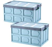 Tuevob Collapsible Storage Boxes 2 Pack 30L Lidded Plastic Tote Storage Box Container Stackable Folding Utility Crate for Clothes, Toys, Books, Snacks, Shoes, Grocery Storage Bin - Blue