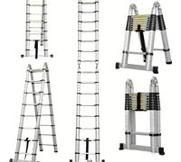 TUFFMATE Telescopic Ladder 5.6m Multi Purpose with Stabiliser, 264cm + 264cm, A Frame or Straight, Multi Purpose Combination Extension Step Ladder
