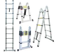 TUFFMATE Telescopic Ladder Aluminium 2 x 5 Tread A Frame 156cm or Straight 3.6m with Wide Stabiliser Bar, 150kg Capacity