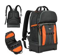 TUFFWORX Tool Backpack with Waterproof Hard Bottom, 35 x 17 x 47 cm Heavy Duty Tool Bag Backpack, Multiple Compartments Tool Rucksack for Electrician, Plumber, Orange/Black