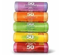 Tuffy 250 x Pedal Bin Liners Bags 20L - Scented Bin Bags (5 x 50 Rolls) with Tie Handles, Lavender, Lemon, Apple, Orange & Rose Fragrance, Strong Colourful Waste Bags for Kitchen, Bathroom & Office