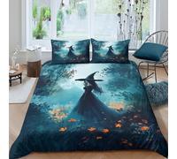 TUFRTGYHN 3D Printed Witch Forest Duvet Cover Microfiber Soft Breathable Pumpkin Quilt Cover Set with 2 Pillowcases for Bedroom Decor Single（135x200cm）